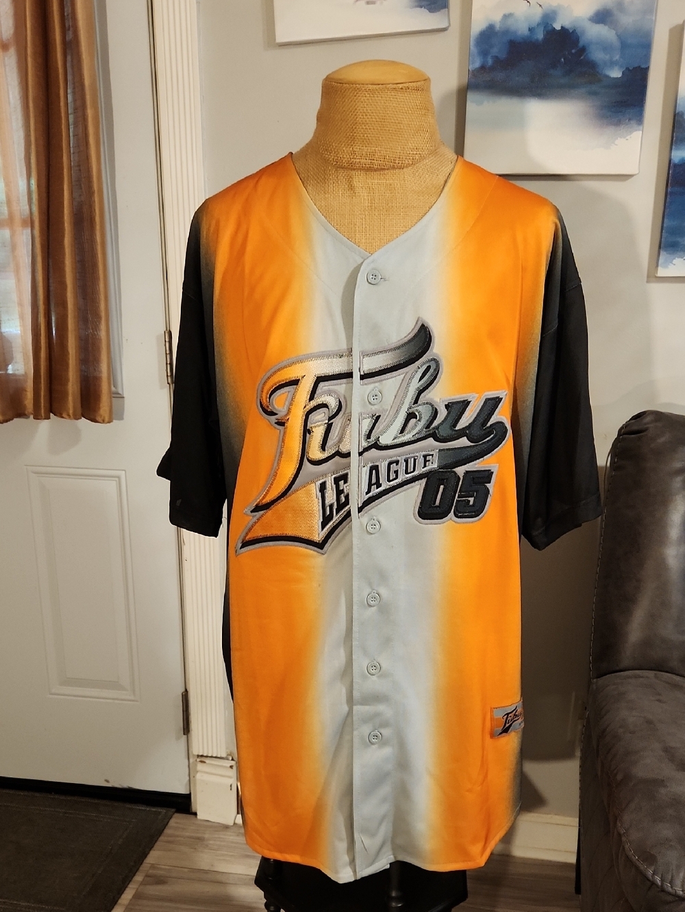 vintage FUBU League 05 baseball jersey featuring orange & black ombre color XL